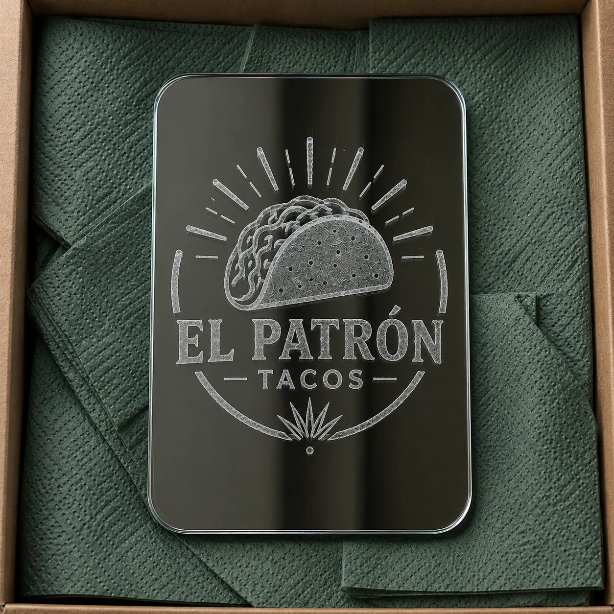 El Patrón Tacos — logo de restaurante grabado en espejo