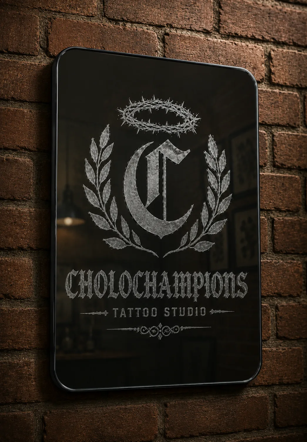 Logo estudio de tatuajes grabado en espejo