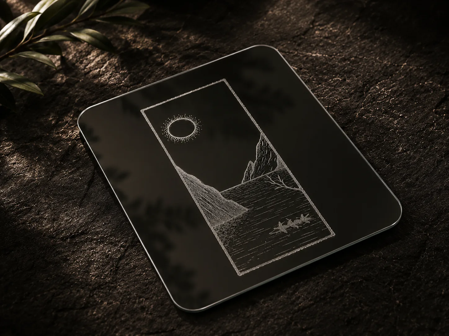 Paisaje con luna grabado en espejo cuadrado — ejemplo de trabajo CAELO