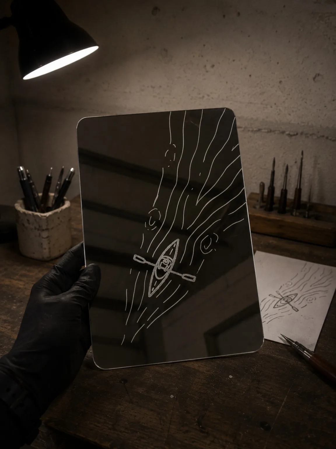Espejo grabado sostenido en taller — proceso artesanal CAELO