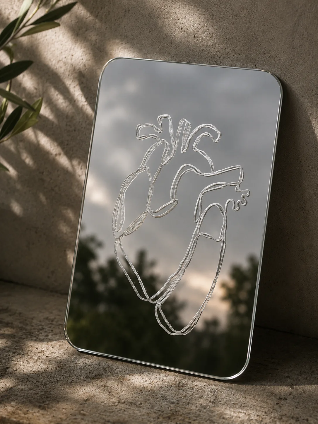 Corazón anatómico grabado en espejo